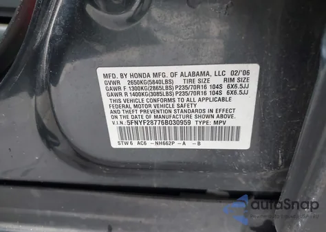 2006 Honda Pilot Ex-L z USA, uszkodzony, nr VIN 5FNYF28776B030959